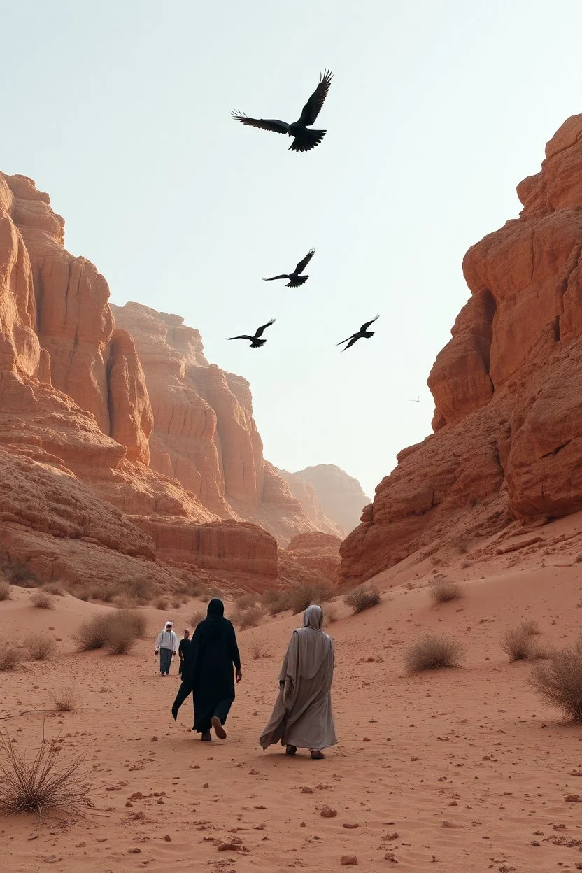 الحج, people in the desert above thim a black crows hovering