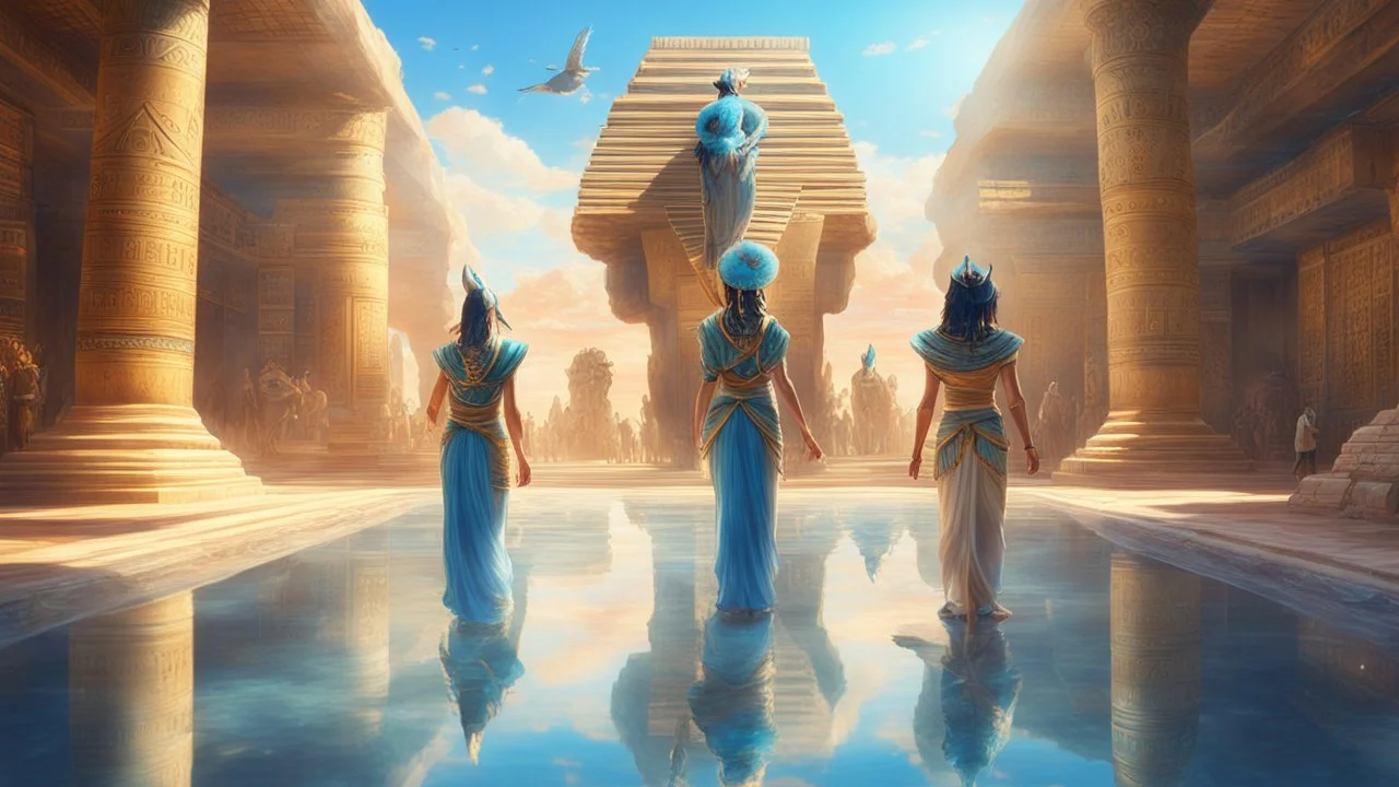 pleiadian , lyrans and blue avians walking around in ancient Egypt realistic, photorealistic symmetric, art by , Yuumei wlop, in the style of , Pixiv Ghibli, natural lighting sunlight, smiling peaceful friendship, Octane 4k highly detailed intricate scenery very detailed reflections