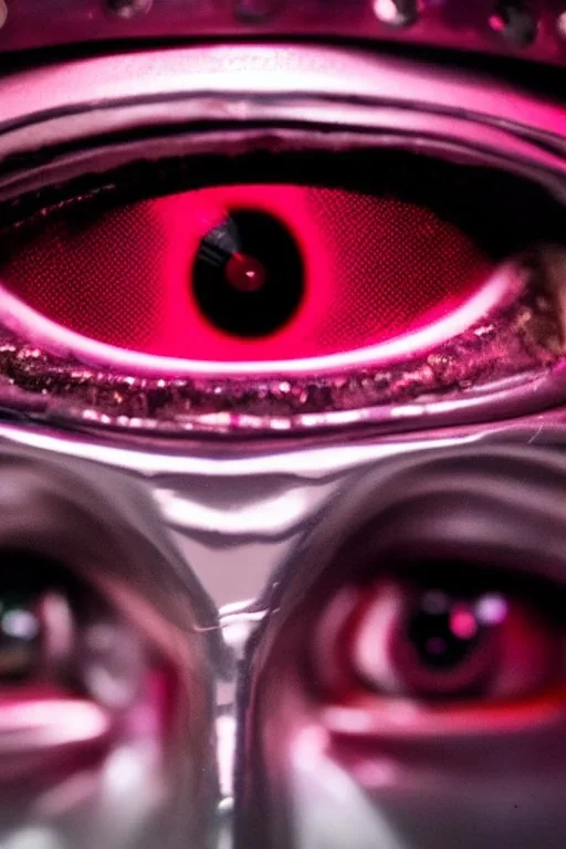 Extreme close-up of the eyes of a robot, soulless, gleaming metallic pink to metallic red, cyberpunk technopunk AbstractTech, rectangular