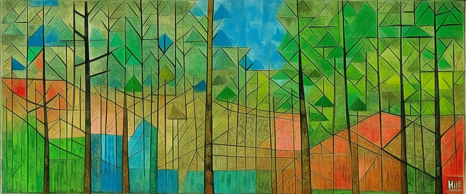 A rainforest with big lake painted by Paul Klee