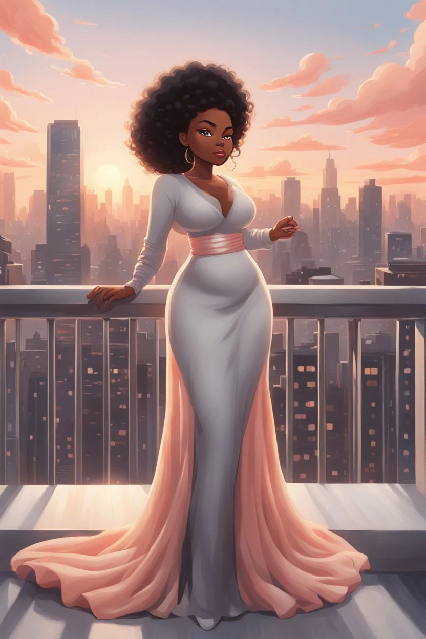 The scene opens onto a serene balcony overlooking a bustling city skyline. The sky above is painted in soft hues of gray and peach as the sun begins its descent, casting a warm glow over everything it touches. In the foreground stands a captivating figure, airbrush chibi cartoon curvy black woman exuding confidence and elegance. She is adorned in a flowing white knit maxi dress that hugs her curves in all the right places, accentuating her silhouette. Her choice of footwear is equally stunning