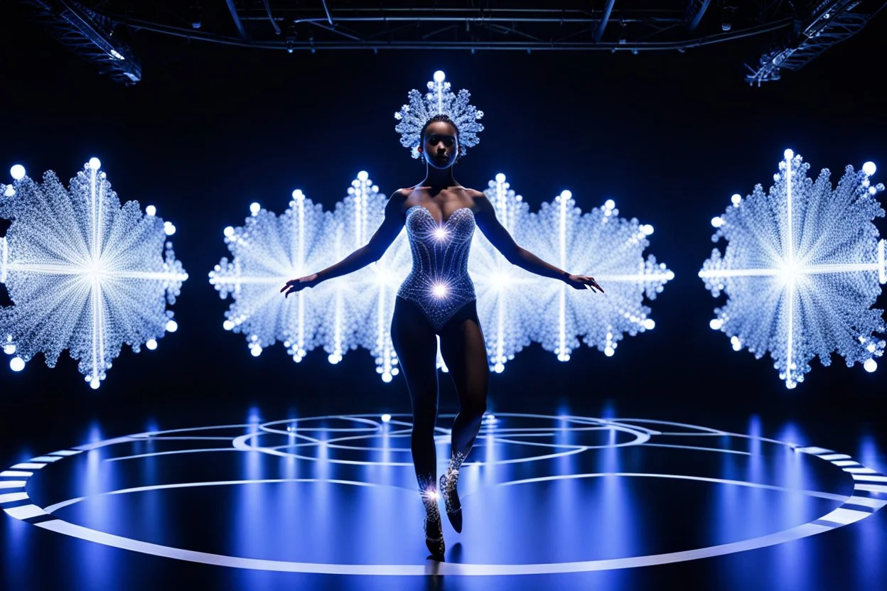 a recursive 3d fractal mocap graphic balerinas in stage with lights