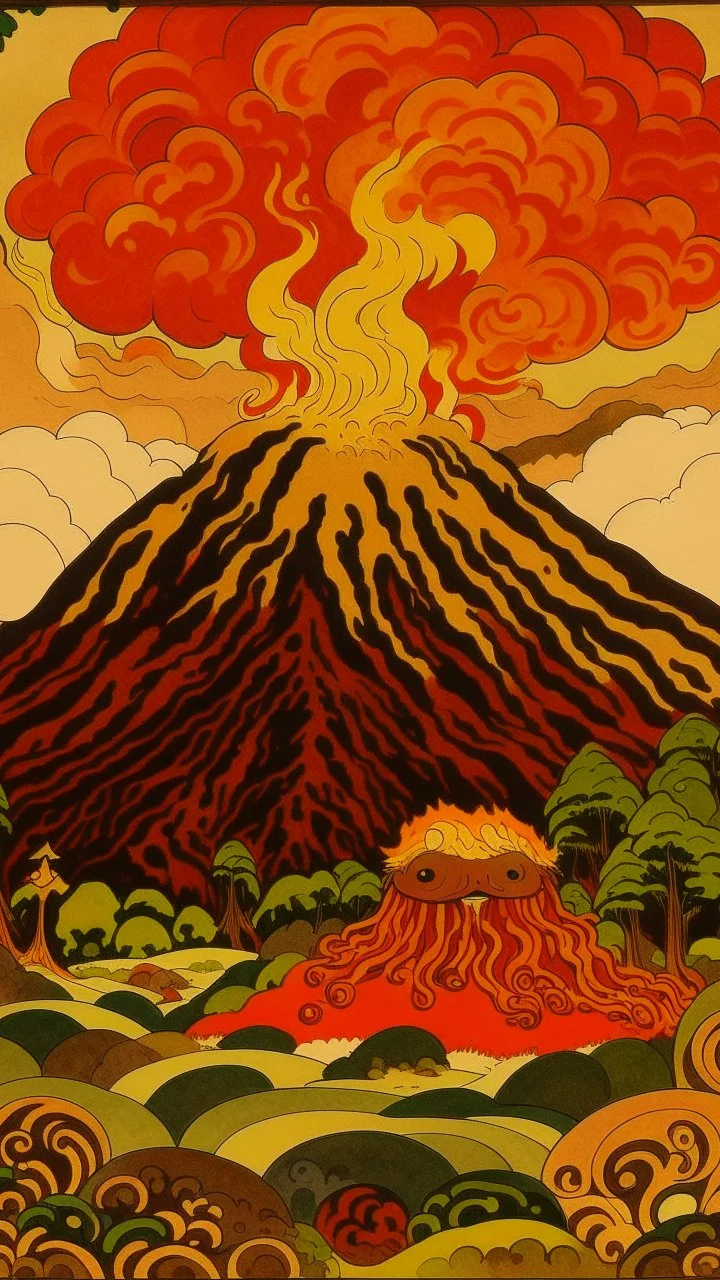 A brown volcano with spewing fire designed in Japanese Oni masks painted by Paul Ranson