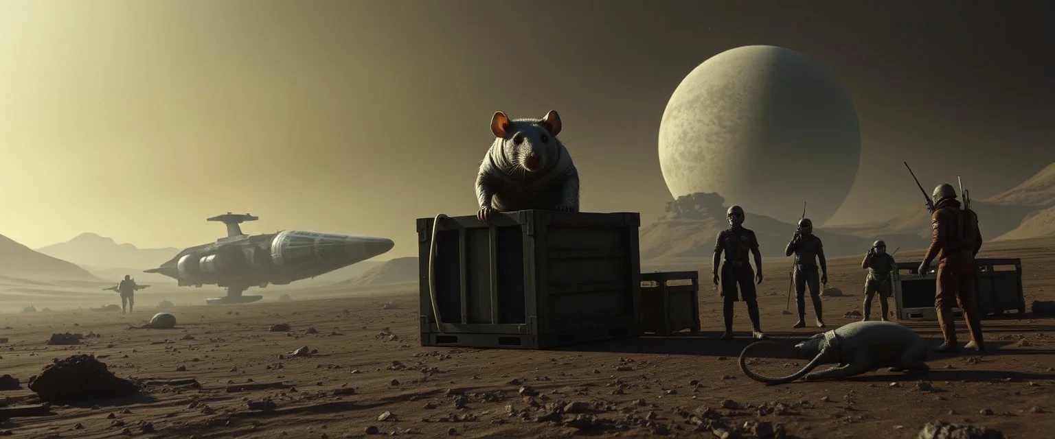 10️⃣ Mission Success / Final Scene "Wide alien landscape with two landed ships. Giant mummy rat observes scene from crate, curious and clever, bandages trailing. Crew interacts with cautious but friendly alien inhabitants. Stasis rat pod visible in secure area. Dramatic cinematic lighting, realistic textures, mood accomplishment and quiet wonder."