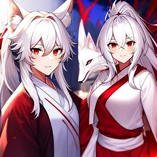 Clear focus, 8k, beautiful lighting, vibrant colors, fox girl, white hair, long hair, vibrant red eyes, ponytail, messy hair, hair in between the eyes, miko,