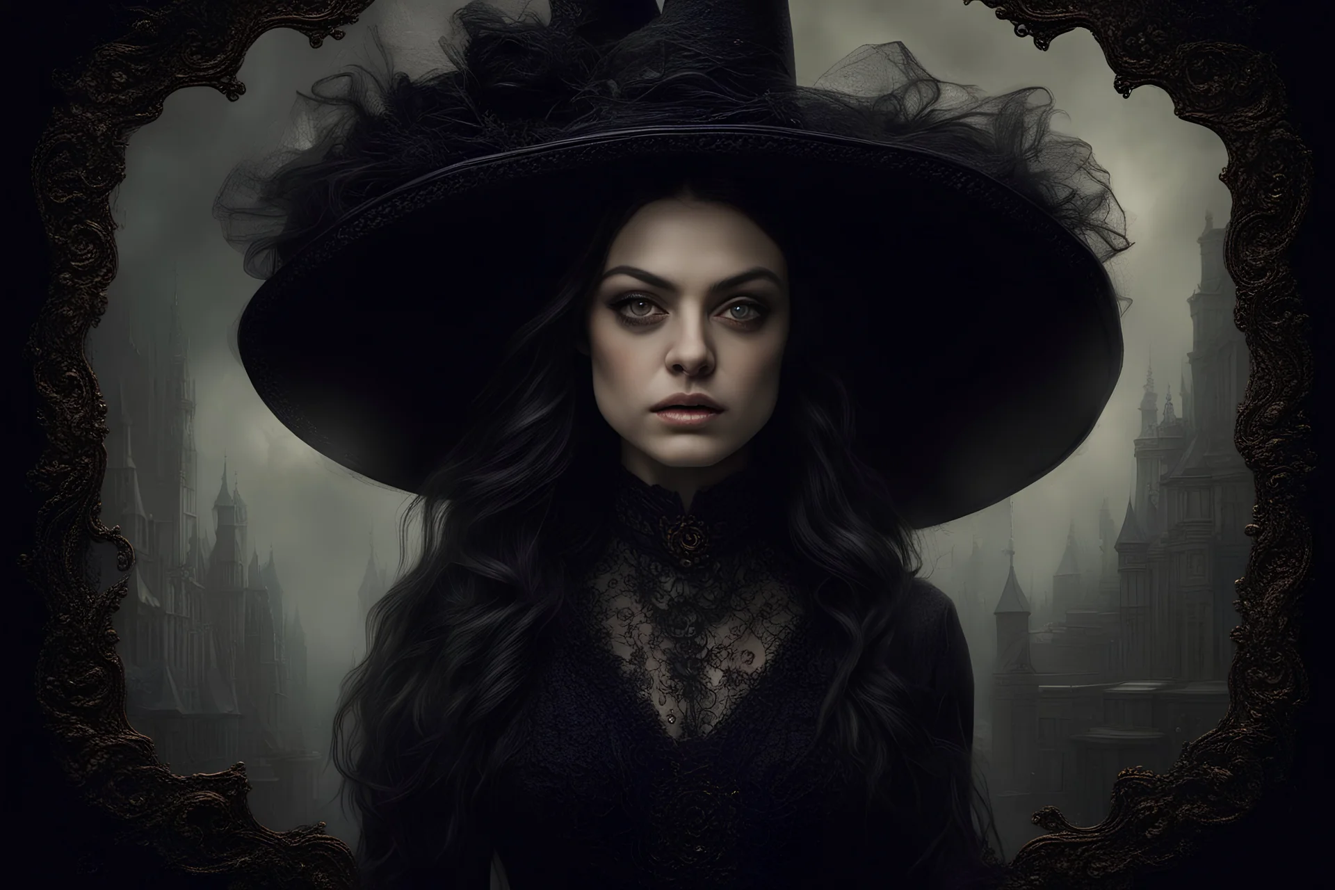 Mila Kunis, beautiful and highly detailed face, meticulously detailed dark hair, strange witch; ethereal fantasy hyperdetailed mist, maximalist matte painting, polished, realistic oil painting; Victorian era portrait painting, old fashioned, vintage, antique, beautiful, bleak environment, gothic, spooky, eldritch, 16k