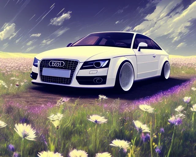 voiture blanche dans un champs de fleur, chrome, synthwave, Concept Art, couleur vibrante, audi, réaliste