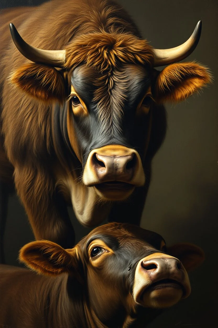 the face of the people that love bovaer standing over a sick cow, painted by Rembrandt