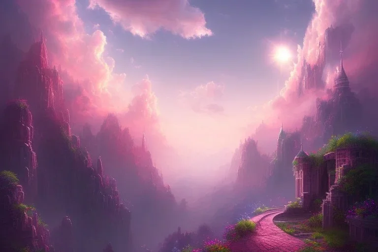 mystical long stairway up to heaven in the sky, atmospheric pink mist, beautiful colours, fine art, trending on artstation, masterpiece