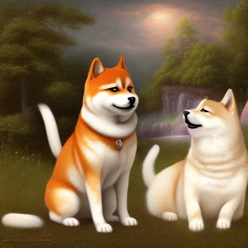 shiba standing next to white cat