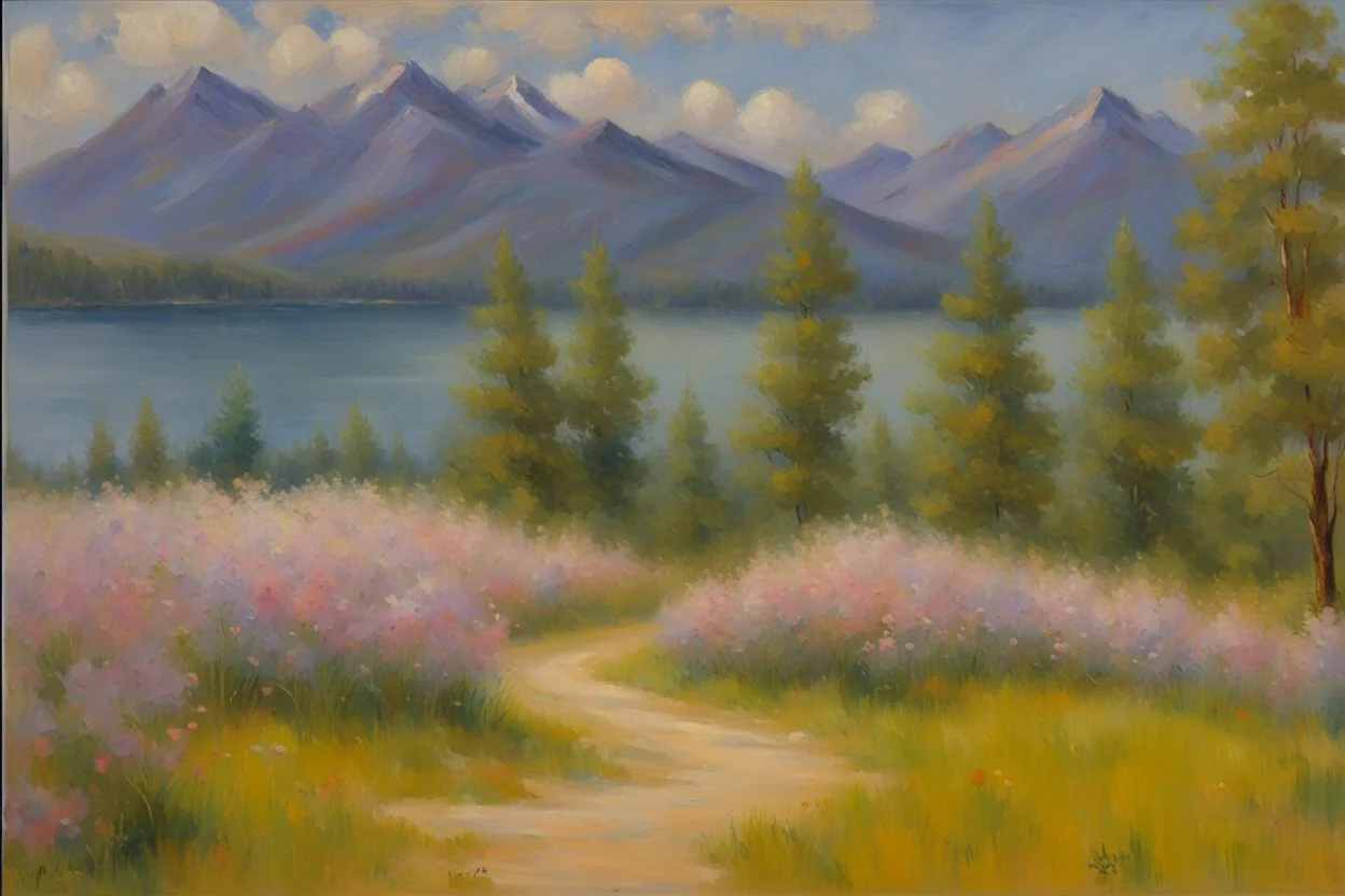 Mountains, lake, flowers, pathway, pine trees, clouds, otto pippel impressionism painting