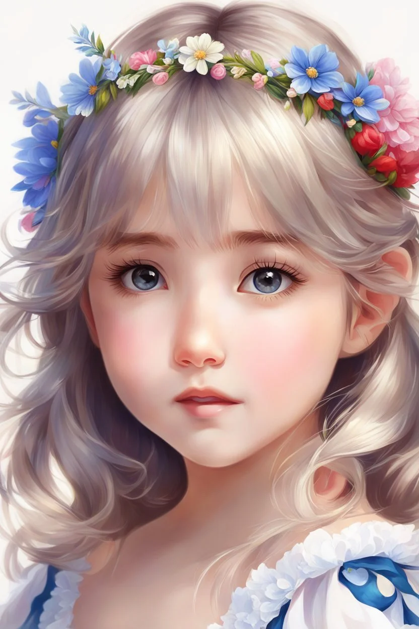 a painting of a little girl with a flower in her hair, realistic cute girl painting, kawaii realistic portrait, adorable digital painting, portrait of snow white, beautiful character painting, realistic anime art style, realistic anime artstyle, portrait anime girl, realistic anime style at pixiv, cute anime girl portrait, detailed portrait of anime girl, realistic young anime girl, anime painting