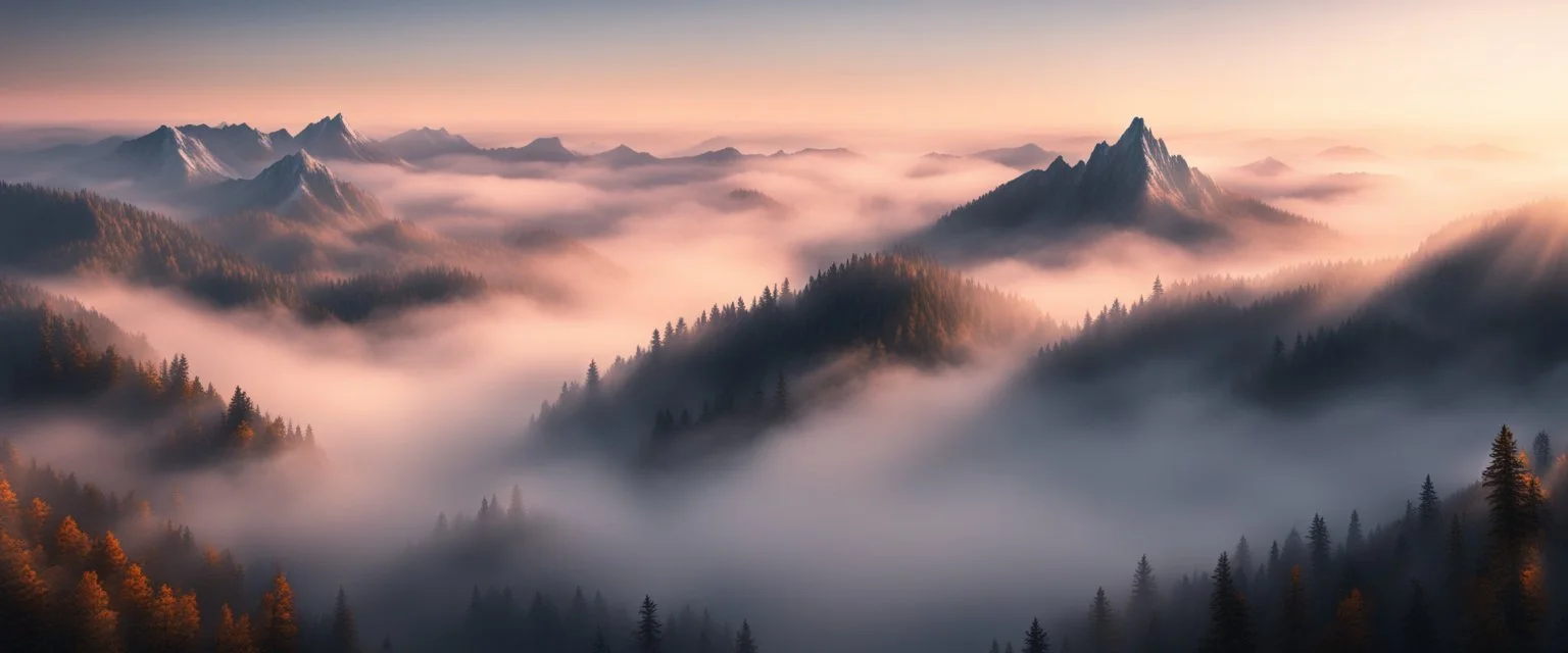 Hyper Realistic Areal view of mountains & trees with thick fog at sunset