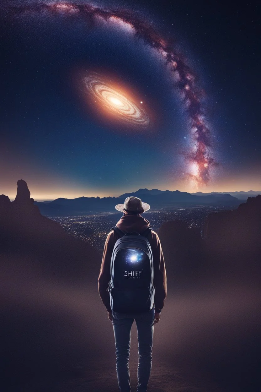 Supernova overlooking a city in the Milky Way galaxy with a person wearing a hat and a backpack with the Shift logo on it