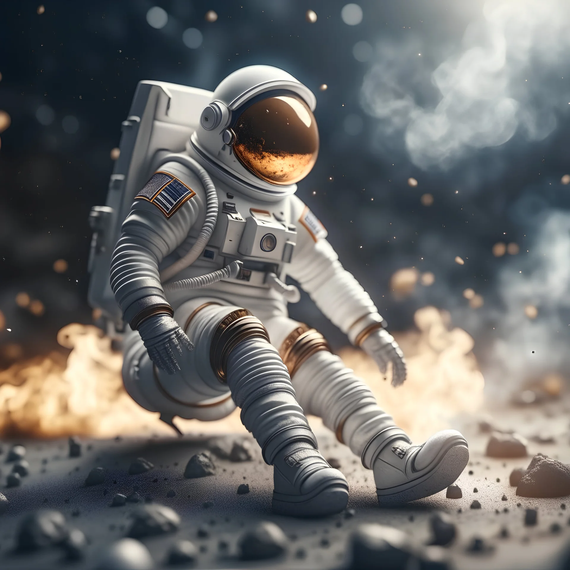 astronaut with burning feet and a moon helmet gets epilepsy and starts to foam like a rock star portrait, photo-realistic, shot on Hasselblad h6d-400c, zeiss prime lens, bokeh like f/0.8, tilt-shift lens 8k, high detail, smooth render, down-light, unreal engine 5, cinema 4d, HDR, dust effect,, smoke