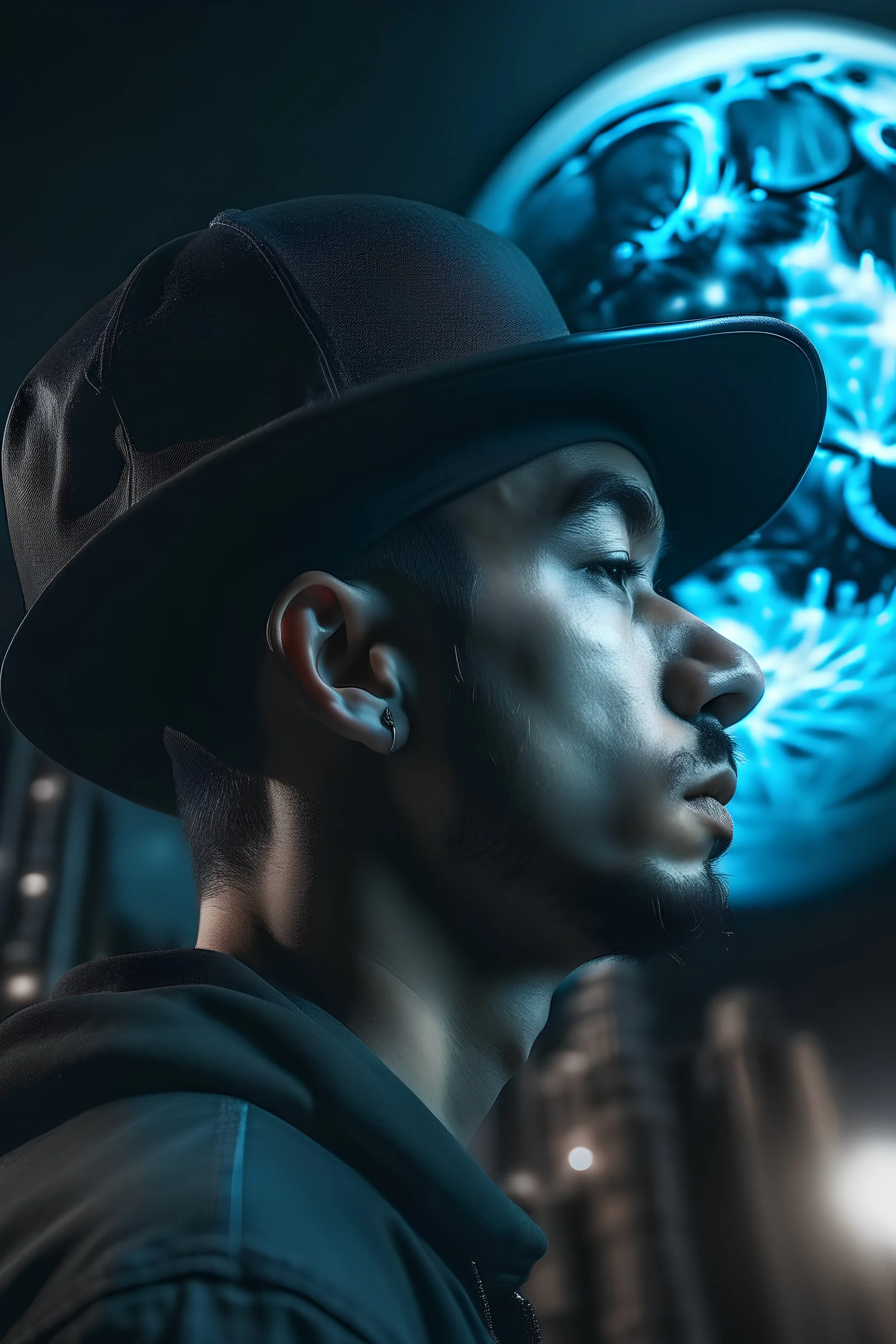 A small moon above a person's head wearing a hat with a cyberpunk background