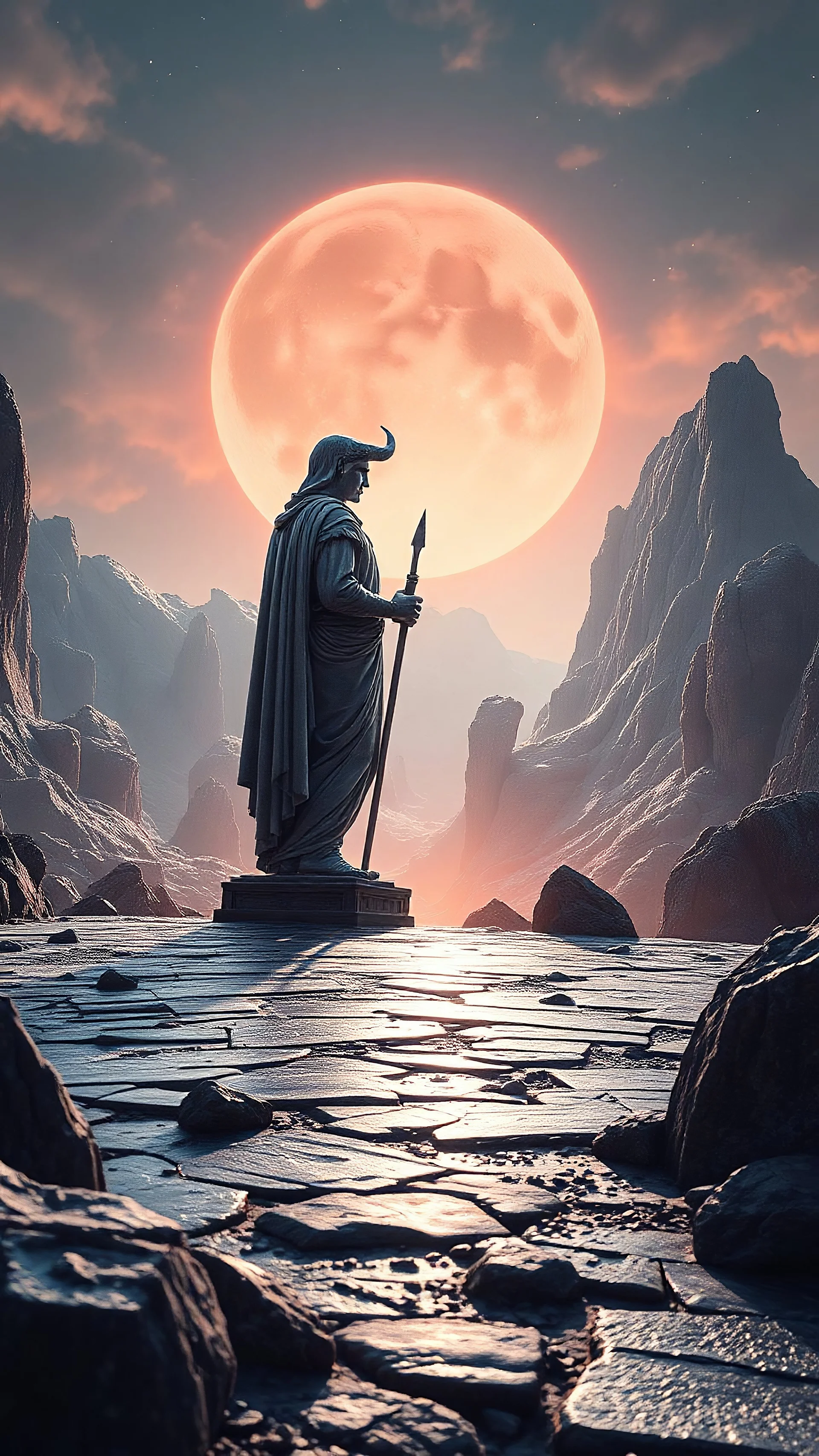 realistic photo of a landscape covered in granite that looks futuristic with futuristic lighting , a huge Roman statue standing a giant hooded creature looking at the view