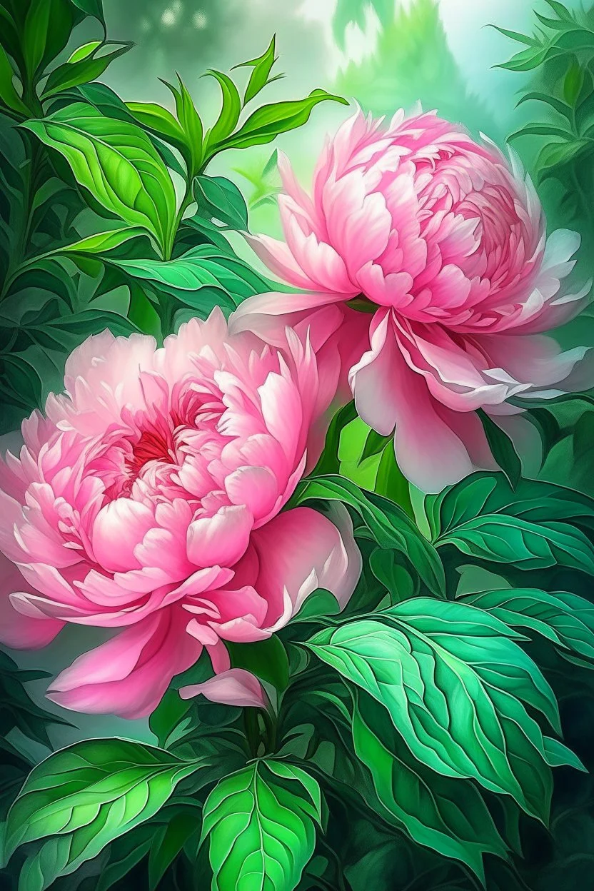 Watercolor pink peony bush, many leaves, ultra-detailed plant, summer, sun, evening, rain, beautiful landscape, fog, many details, subtle sensuality, realism, high quality, 3d, work of art, hyperdetalization, professionally, filigree, misty haze, hyperrealism, professionally, transparency, delicate pastel tones, backlight. The contrast is fantastic, unreal, translucent, luminous, clear lines