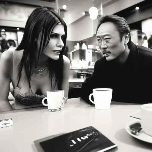 Courtney Cox, Courtney Love and Ken Watanabe chatting happily over coffee at Starbucks