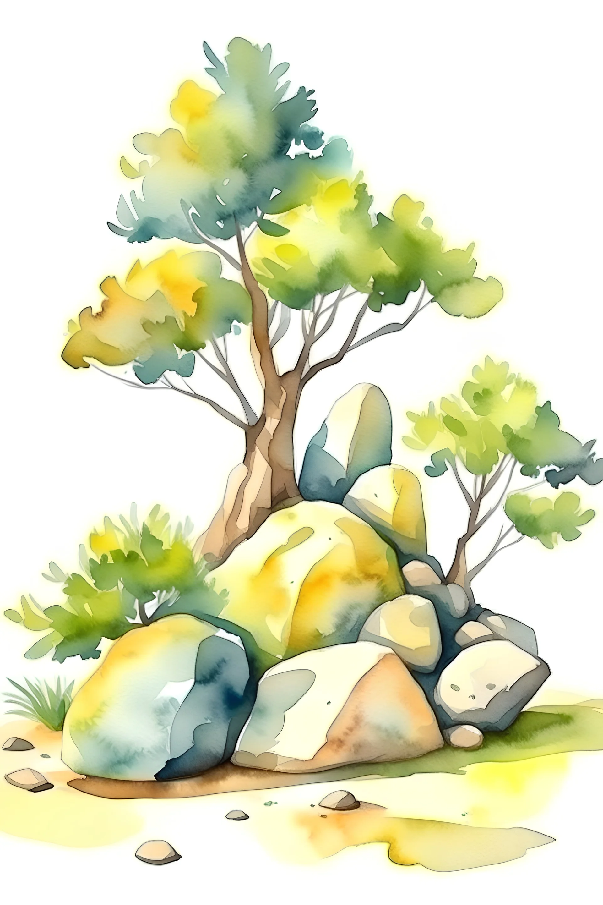 stones, tree. watercolor drawing