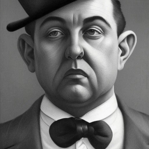 A 1930s Italian-American businessman in his 20s with a bowler hat and a tattered suit. He is obese and has a sad expression on his face. He is facing the screen.