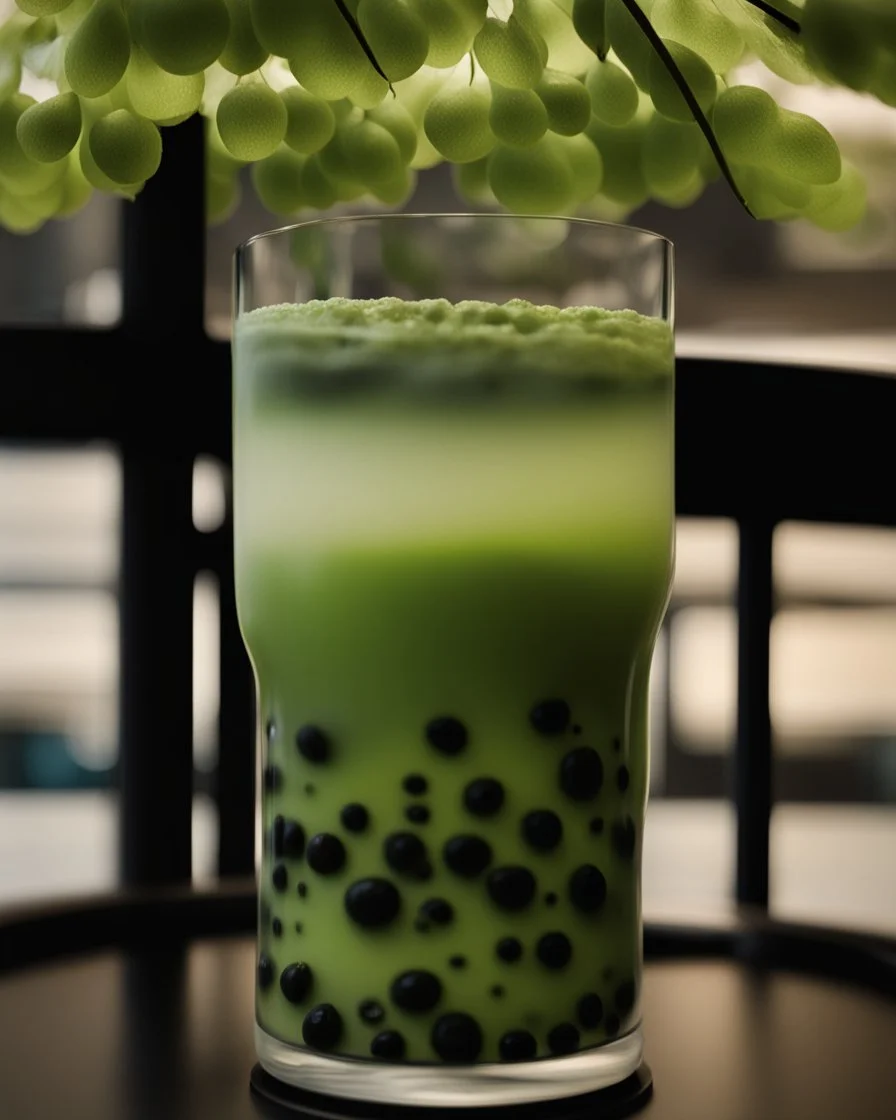 filling the frame we are looking into a tank filled with matcha green bubble tea, dark tapioca pearls along the bottom against the glass, ice floating at top, no fish, no outside of tank