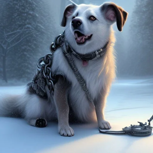 sad, scared dog tied up with a short leash in front of a house, winter, 8k resolution, high-quality, fine-detail, intricate, digital art, detailed matte, volumetric lighting, illustration, 3D octane render, brian froud, howard lyon, selina french,