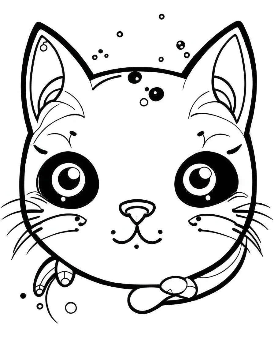 create a 2d black outline, "kawaii anime cat", coloring page, low details design, black contour, coloring page design, coloring page for adults,kawaii cute background, black contour and white space beetween contour, same contour,sketch style, style, minimalist, simple