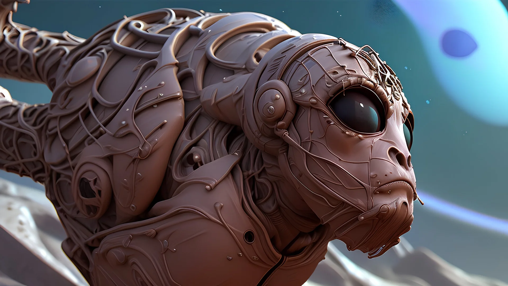 Expressively detailed and intricate 3d rendering of a hyperrealistic Zbrush sculpt, high detail realistic cloth, concept art, Zbrush high detail, pinterest Creature Zbrush HD sculpt, neutral lighting, 8k detail: Astronaut explores space being desert planet. Astronaut space suit performing extra cosmic activity space against stars and planets background. cyberpunk, neon, vines, flying insect, front view, dripping colorful paint, tribalism, gothic, shamanism, cosmic fractals, dystopian, dendritic