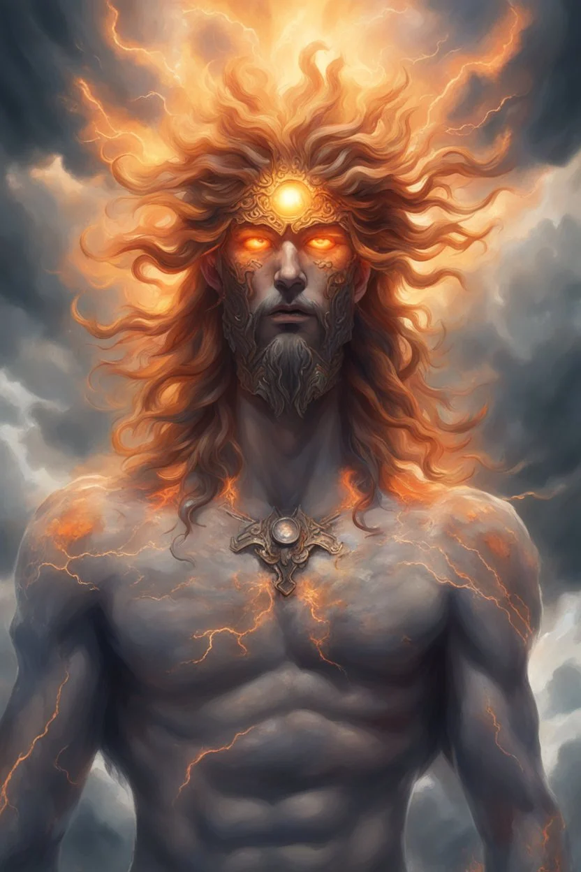 picture of a "god of the weather" who has long hair made of clouds. he also has glowing orange eyes that look like they're 2 suns. his body is made out of storm clouds with bits of lightning inside, his body also has glowing orange cracks all over it that look like they're made of the sun. he has greek god clothes on that are completely made of ice. his clothes also have an icy look to them as they shine in the sun