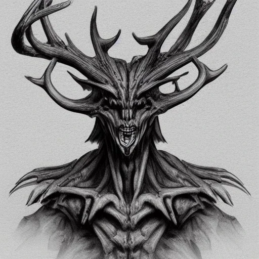 humanoid figure monster with antlers, highly detailed, digital art, sharp focus, trending on art station, kentaro miura manga art style