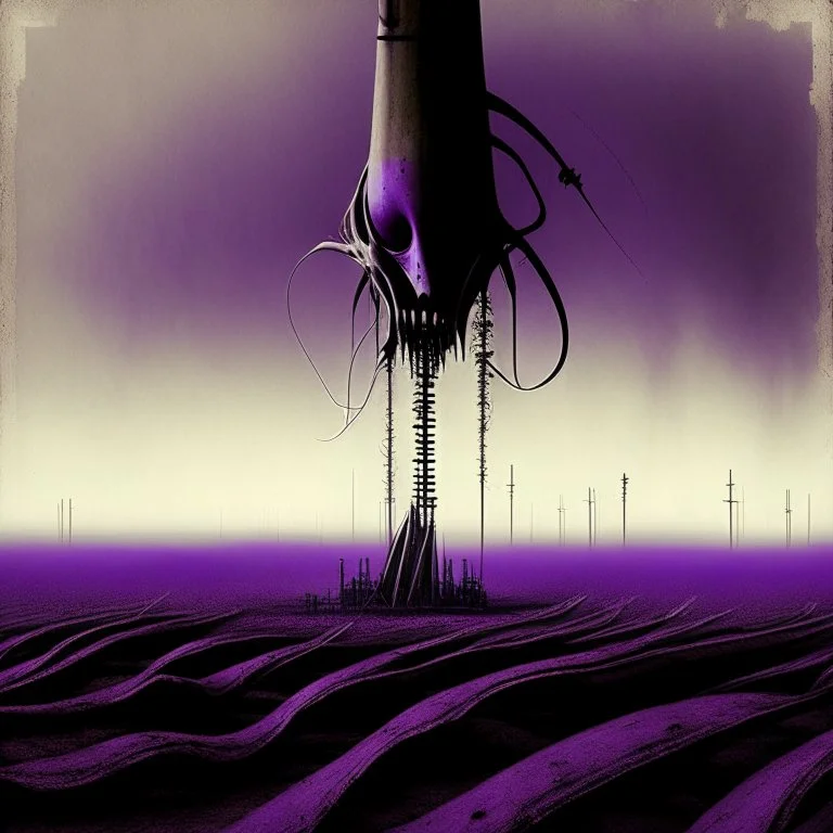 A reaper on the oilfields make for your shallow grave, wrap you in a flag and forget your name, by Anton Semenov, by Yves Tanguy, by Victor Pasmore, Westerngaze album cover illustration, scary sepia and purple complimentary shades, octane render, gritty, weird, volumetric lighting, abstract images