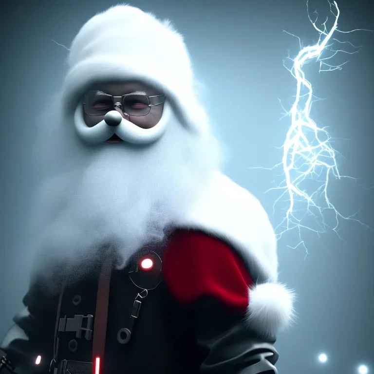 All Black Santa, ghost, wearing high tech mask, white smoke, dark, rage, high definition, ultra 8 k, volumetric lighting, blue fire, fog red rain