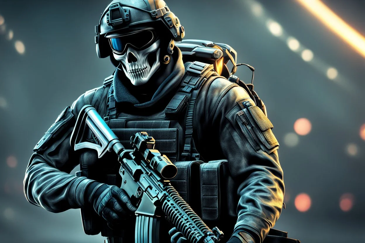 Ghost Soldier with skull in 8k realistic cgi drawing style, call of duty them, close picture, neon, intricate details, highly detailed, high details, detailed portrait, masterpiece,ultra detailed, ultra quality