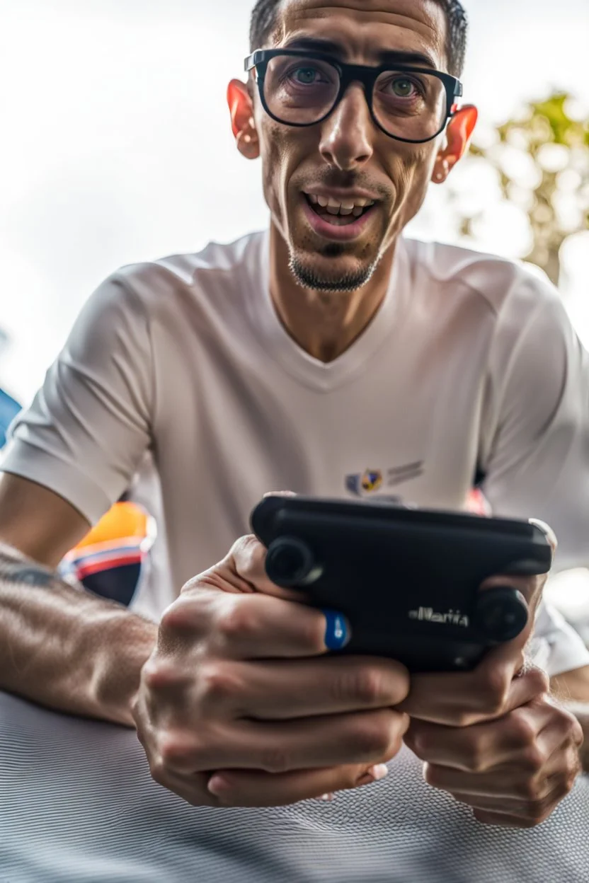 Di Maria argentina player , Shot with Canon EOS R5, 50mm lens, depth of field, shutter speed 1/1000, f/2.8, white balance, 6000k. High resolution, realistic detail, HDR effect, film grain, 4K –ar 16:10 –s 700 –q