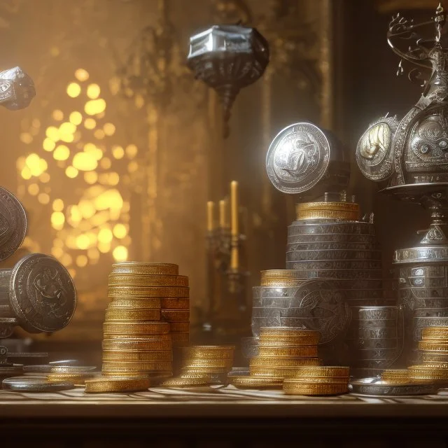 dynamic lighting, Intricately detailed, Splash screen art, deep color, Unreal Engine, volumetric lighting, silver coins, gold coins, silver treasure, stacked coins, indoors, altar, black table, sigil, shiny, garden, courtyard,