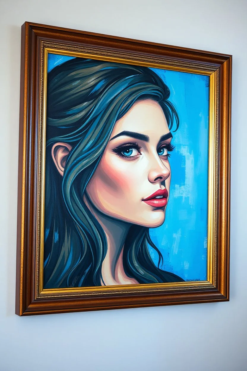 A beautiful young women painted with an abstract blue painting,in side a large picture frame