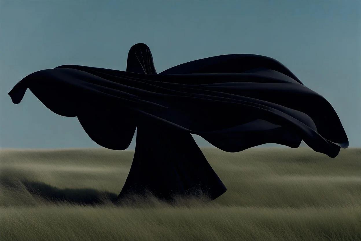 Filmstill Still, abstract object in black fabric in meadow with a liquid floating in breezing wind, in the style of biblical drama, monumental figures, voluminous mass --ar 4:5 --style raw --weird 50