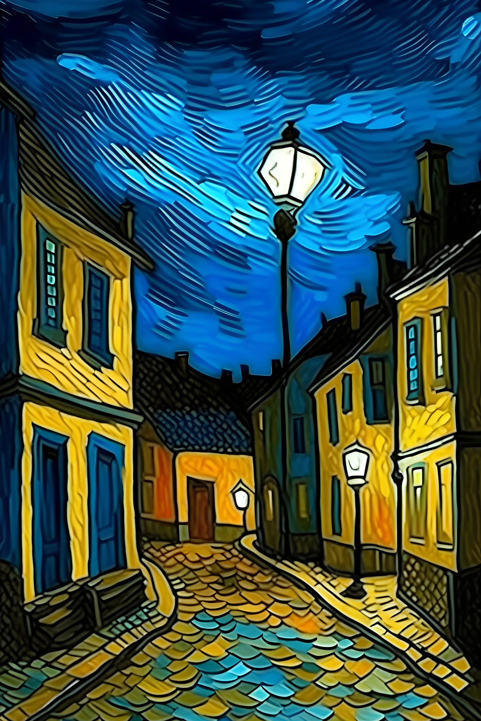 village in night with lamp bult in streets by van Gogh.