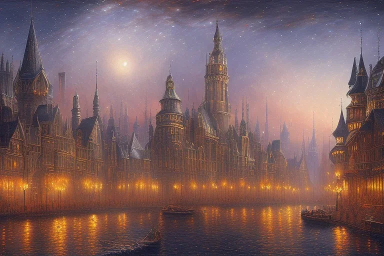 gothic painting of a victorian city in a fantasy starry night