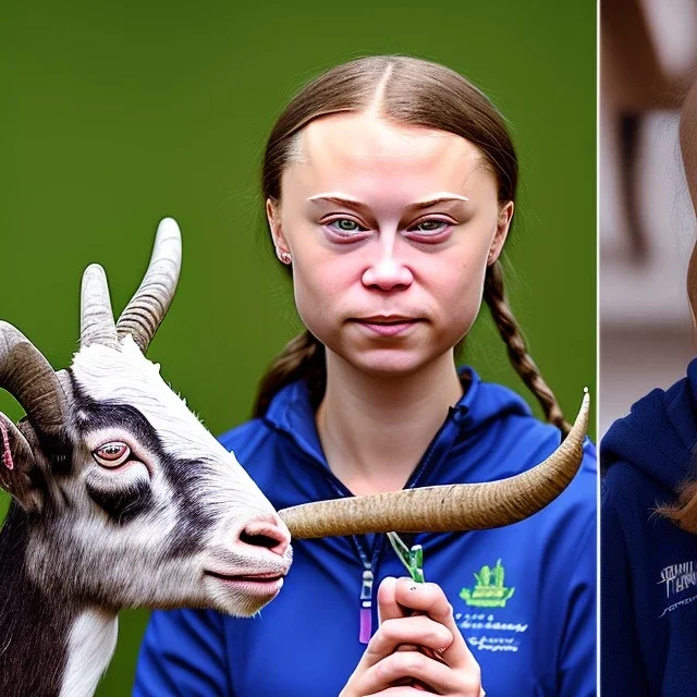 portrait Greta Thunberg milking a GOAT