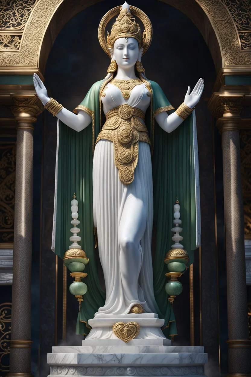 highly detailed marble and jade statue on a plint of the goddess of love. big bosom, caucasian. . full body shot, invisible gloves, , volumetric fog, Hyperrealism, breathtaking, ultra realistic, unreal engine, ultra detailed, cyber background, Hyperrealism, cinematic lighting, highly detailed, breathtaking, stunning temple environment