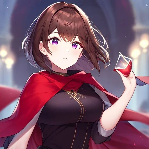 Clear focus,High resolution, one girls, Short brown hair, Purple eyes, Wearing a red cloak