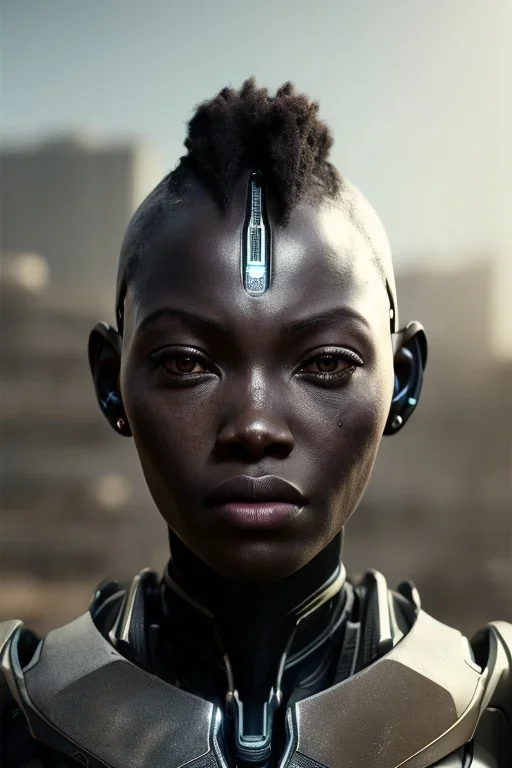 portrait,beautiful african robot, post-apocalyptic in a cyberpunk city, realistic, intriacte detail, sci-fi fantasy style, volumetric lighting, particales,highly detailed,cinamatic, deep