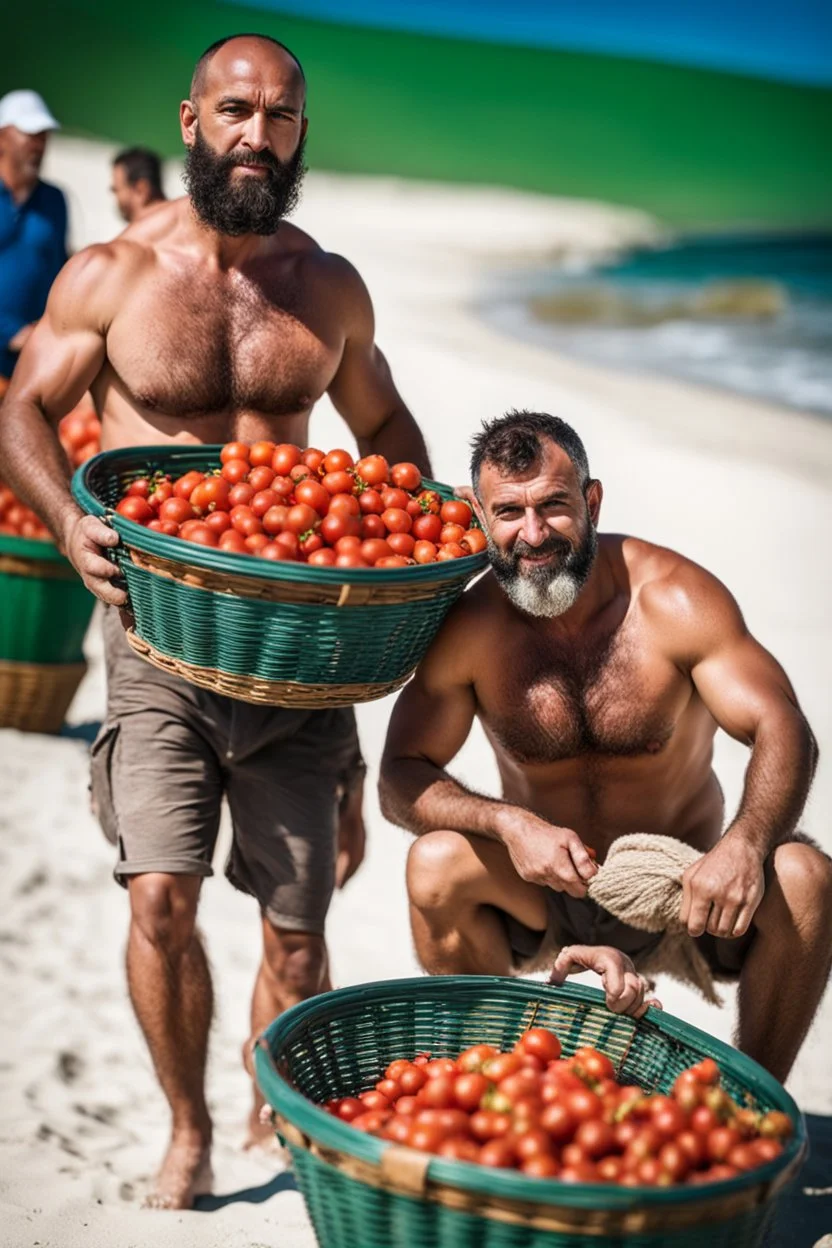 close up shot photography of two tired strong muscular beefy hairy burly 39 years old ugly turkish carpenters, short beard, shaved hair, shirtless, manly chest, bulging white shorts, tired eyes, walking on the beach in the sun holding tomatoes baskets, big shoulders, side light, sweat and wet, ground view angle