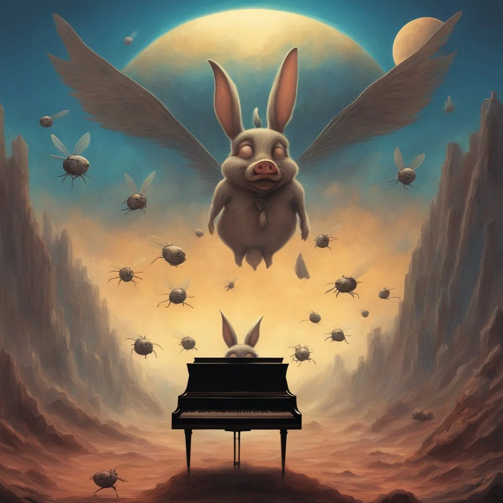 monochromatic black and white bugs bunny composer piano, diffrent planet, one swine pig piggy flying wasp angel, beksinski style daker theme dark black dark black monochromatic