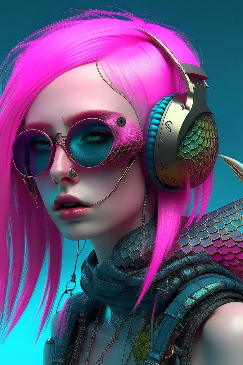 mermaid cyberpunk some scales on face pink hair sunglasses