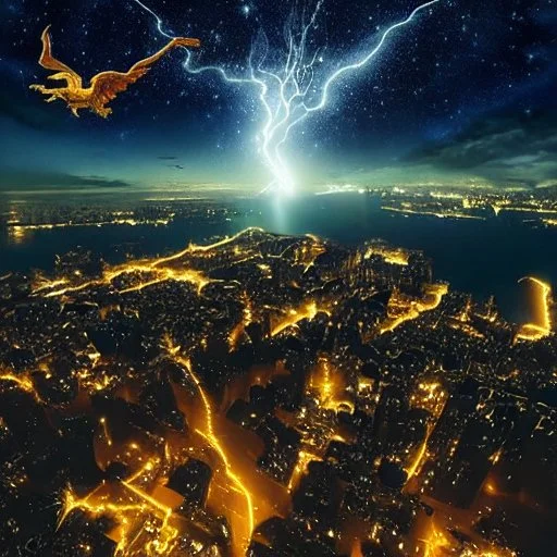 Celestial dragon with wings spread above a breathtaking cityscape by the lake in a thunderstorm, an amazing starry night with stunning reflection, full Moon, stars, milky way, highly detailed,triadic colors cinematic light 16k resolution