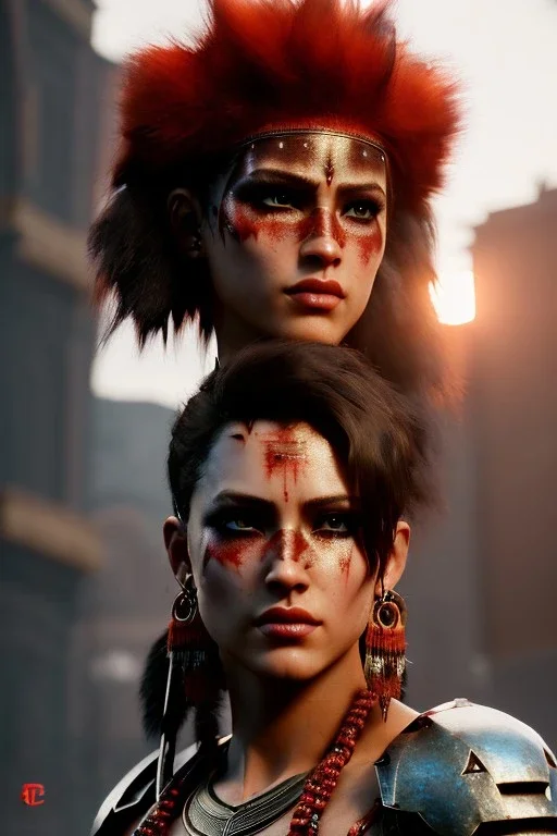 Barbarian character, animal hide armor, physically fit, tribal tattoos, scars, washboard abs, red facepaint, red hair, dark eyeshadow, intricate eyeliner, soft round eyes, beads in hair, 8k resolution, cinematic smooth, intricate details, vibrant colors, realistic details, masterpiece, oil on canvas, smokey background