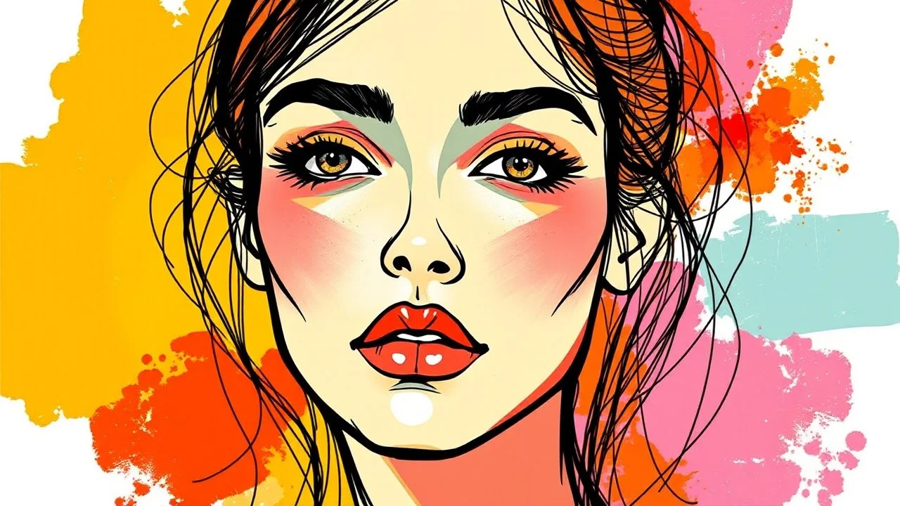 A vibrant abstract artwork of a female portrait with sketchy, minimalist lines and geometric shapes